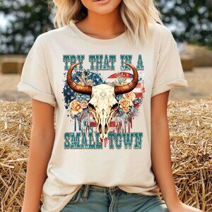 Jason Aldean Small Town T-Shirt Cow Skull Country Music Floral Women's Tee Gift
